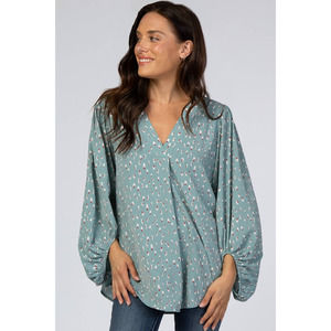 Mint Green Printed V-Neck Bubble long sleeve blouse